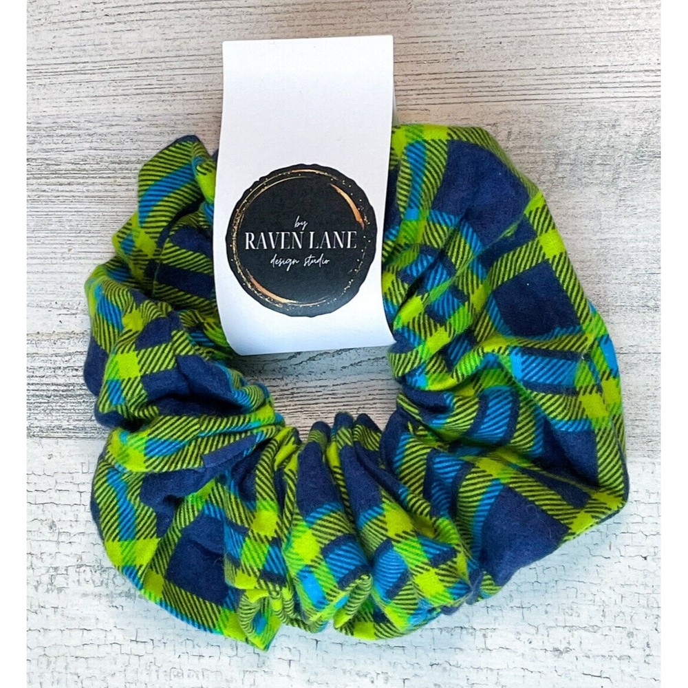 Blue & Green Flannel Scrunchie | Big Scrunchies Fashion Hair Ties Large Volume